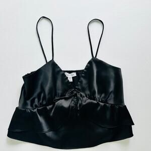 Topshop Satin Black Crop Top Cami Size 6 Babydoll Sleeveless Ruffle
